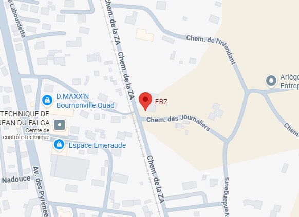 Plan d'accès EBZ à Jean du Falga : Adresse et Localisation Carte montrant l'emplacement de EBZ sur le Chemin de la ZA près de l'Espace Emeraude à Jean du Falga.