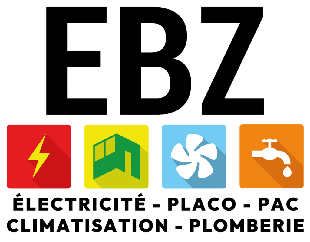EBZ : Électricité, Placo, Plomberie et Climatisation Logo EBZ : services électricité, placo, PAC, climatisation et plomberie avec icônes illustrant chaque métier.